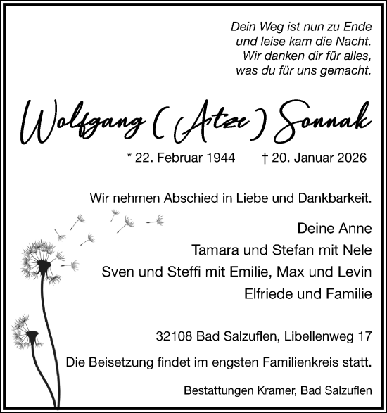 Anzeige  Wolfgang Sonnak  Lippische Landes-Zeitung