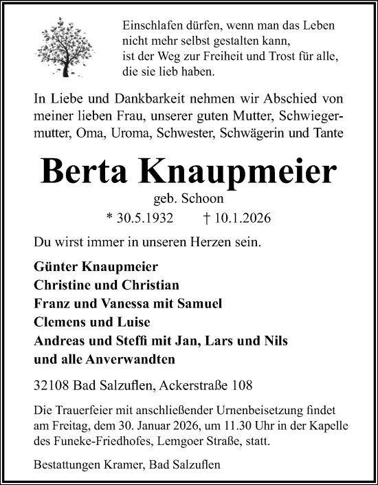 Anzeige  Berta Knaupmeier  Lippische Landes-Zeitung