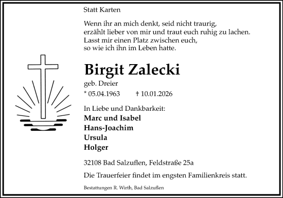 Anzeige  Birgit Zalecki  Lippische Landes-Zeitung