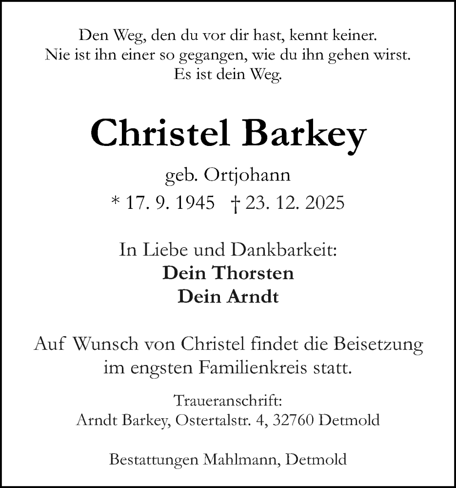  Traueranzeige für Christel Barkey vom 10.01.2026 aus Lippische Landes-Zeitung