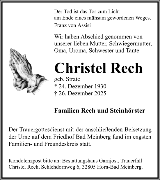 Anzeige  Christel Rech  Lippische Landes-Zeitung