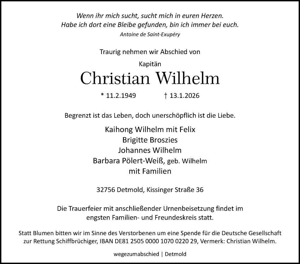  Traueranzeige für Christian Wilhelm vom 24.01.2026 aus Lippische Landes-Zeitung