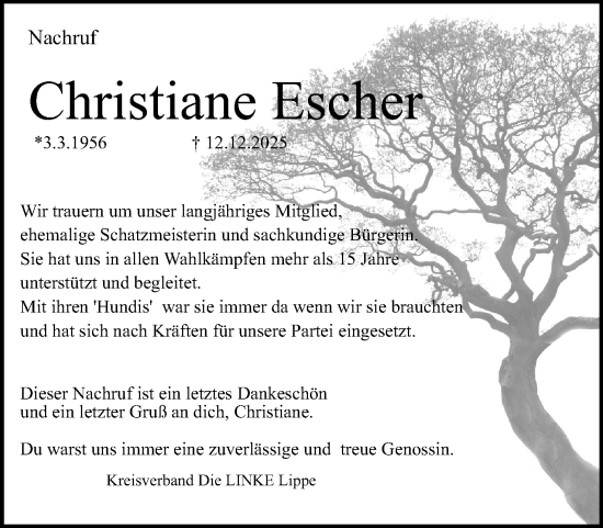 Anzeige  Christiane Escher  Lippische Landes-Zeitung