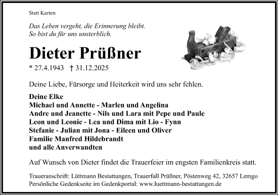 Anzeige  Dieter Prüßner  Lippische Landes-Zeitung