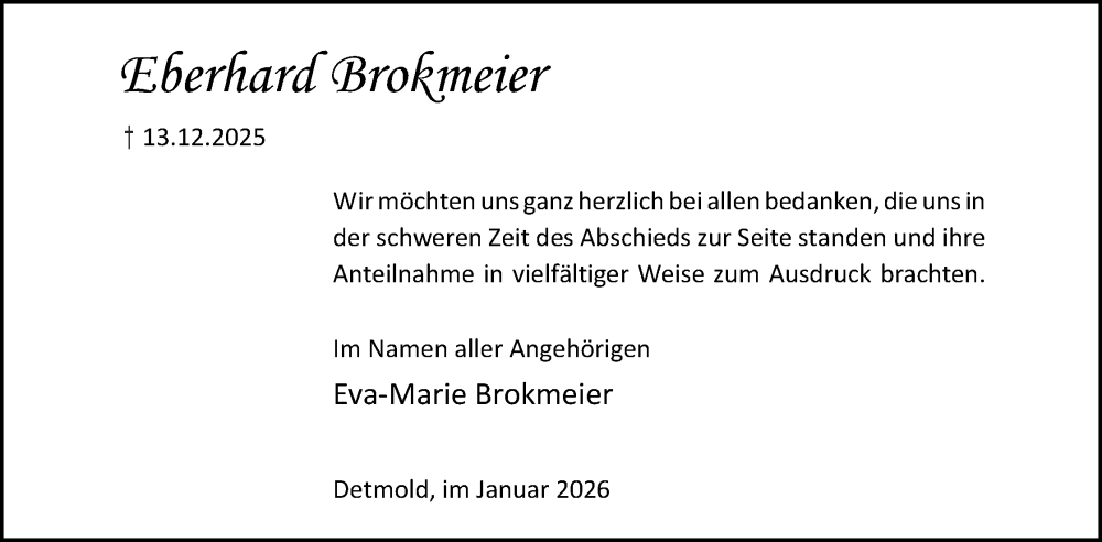  Traueranzeige für Eberhard Brokmeier vom 24.01.2026 aus Lippische Landes-Zeitung