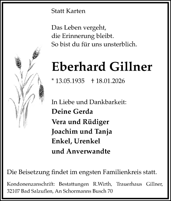 Anzeige  Eberhard Gillner  Lippische Landes-Zeitung