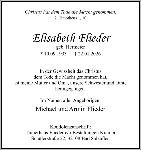Anzeige  Elisabeth Flieder  Lippische Landes-Zeitung