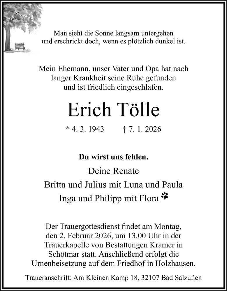  Traueranzeige für Erich Tölle vom 24.01.2026 aus Lippische Landes-Zeitung