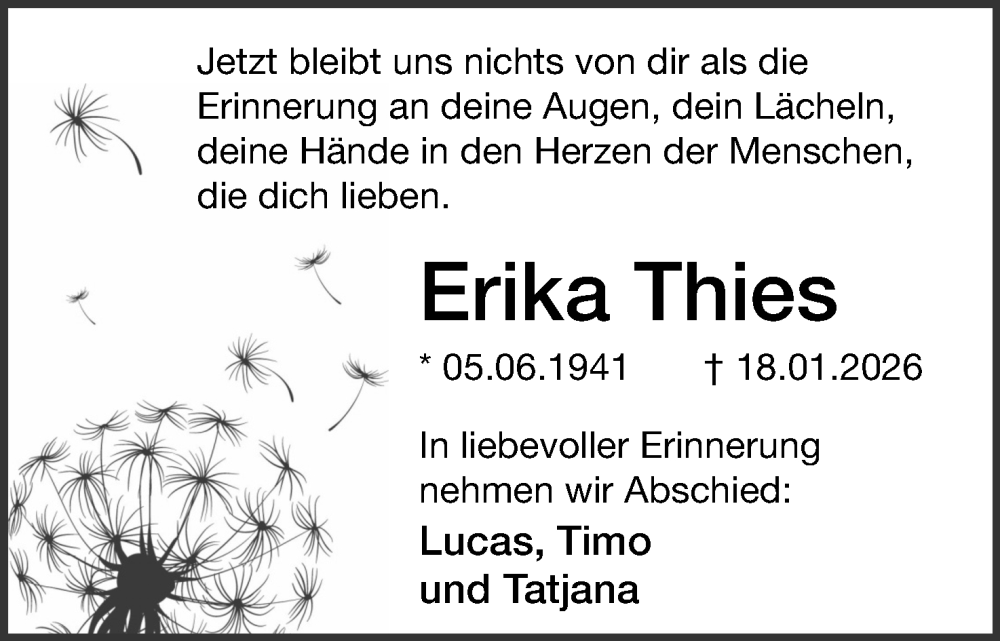  Traueranzeige für Erika Thies vom 31.01.2026 aus Lippische Landes-Zeitung