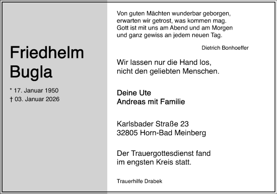 Anzeige  Friedhelm Bugla  Lippische Landes-Zeitung