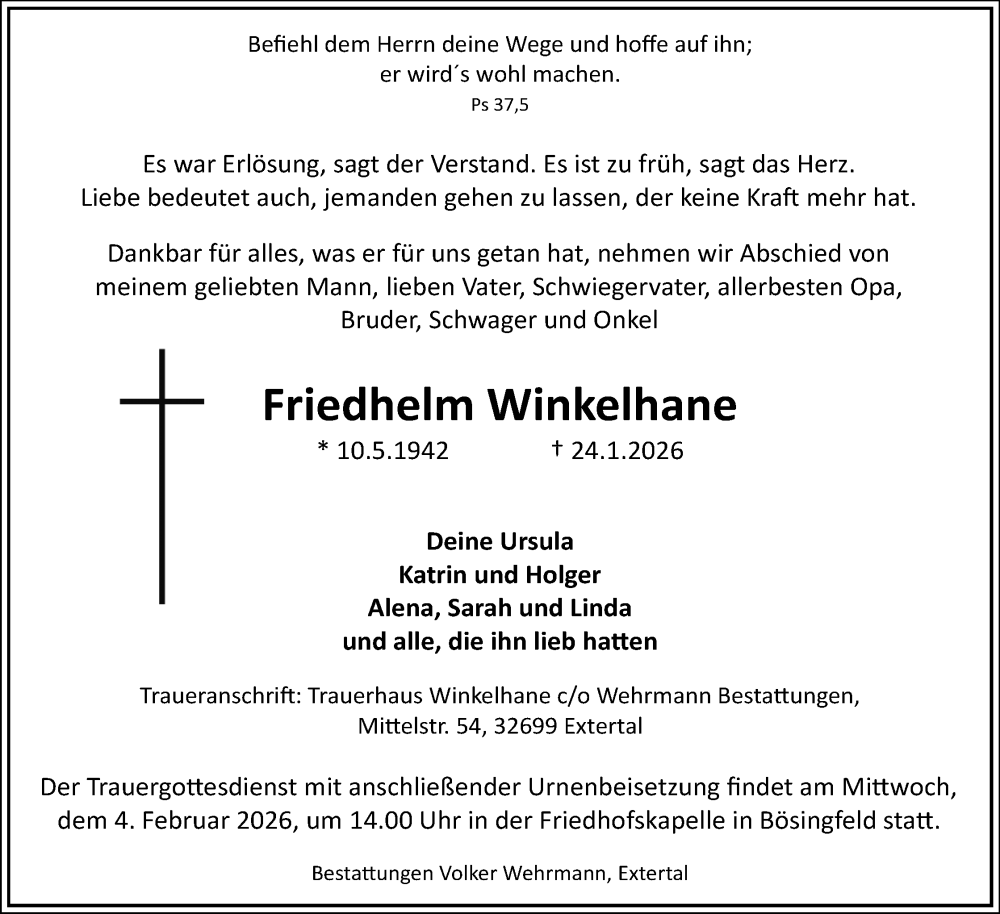  Traueranzeige für Friedhelm Winkelhane vom 31.01.2026 aus Lippische Landes-Zeitung