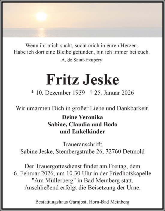 Anzeige  Fritz Jeske  Lippische Landes-Zeitung