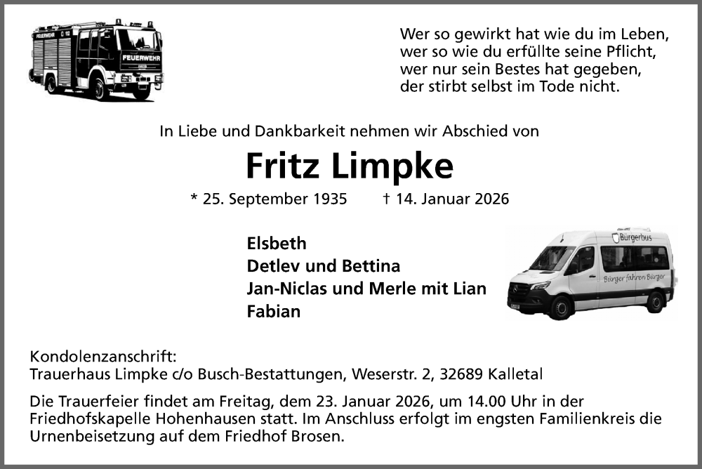  Traueranzeige für Fritz Limpke vom 17.01.2026 aus Lippische Landes-Zeitung