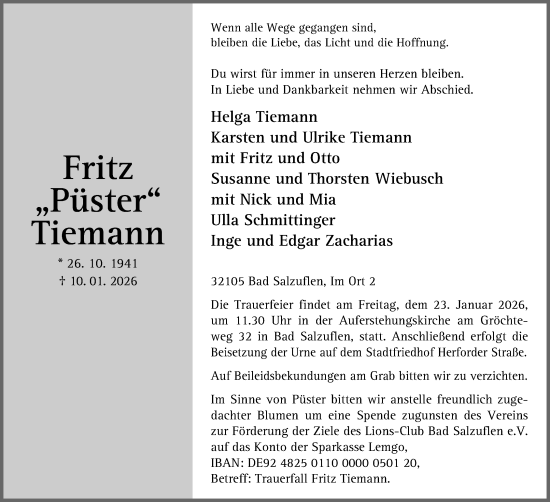 Anzeige  Fritz Tiemann  Lippische Landes-Zeitung