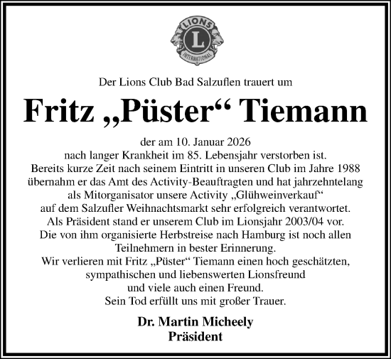 Anzeige  Fritz Tiemann  Lippische Landes-Zeitung