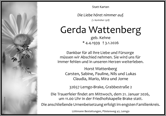 Anzeige  Gerda Wattenberg  Lippische Landes-Zeitung