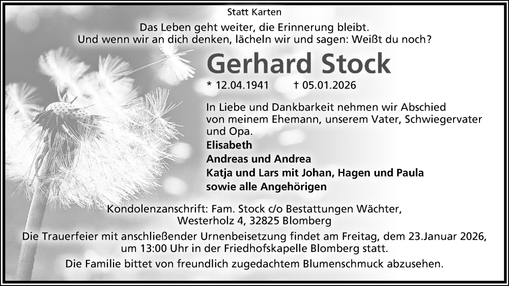  Traueranzeige für Gerhard Stock vom 17.01.2026 aus Lippische Landes-Zeitung