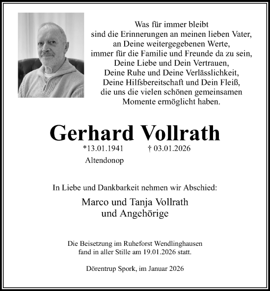 Anzeige  Gerhard Vollrath  Lippische Landes-Zeitung