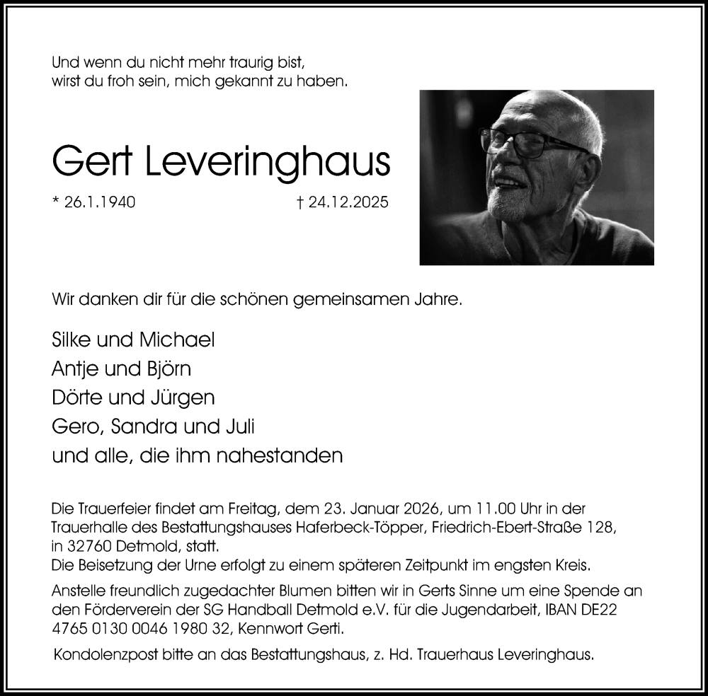  Traueranzeige für Gert Leveringhaus vom 03.01.2026 aus Lippische Landes-Zeitung