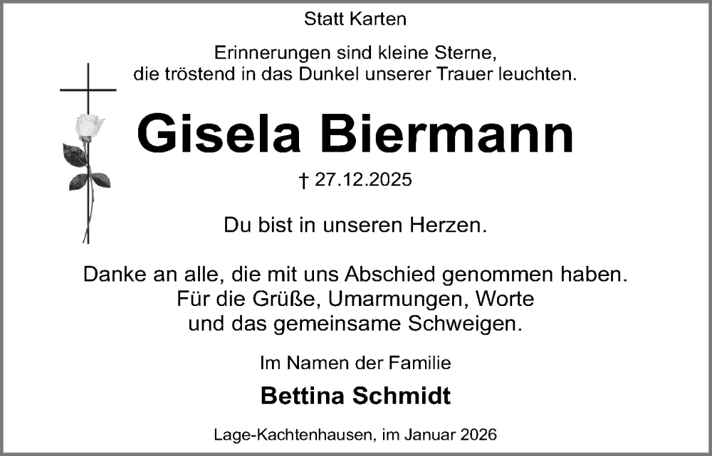  Traueranzeige für Gisela Biermann vom 24.01.2026 aus Lippische Landes-Zeitung