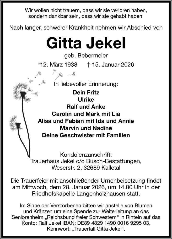  Traueranzeige für Gitta Jekel vom 24.01.2026 aus Lippische Landes-Zeitung