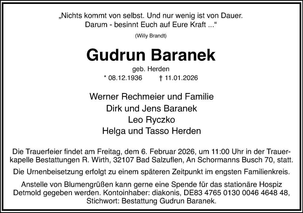  Traueranzeige für Gudrun Baranek vom 17.01.2026 aus Lippische Landes-Zeitung