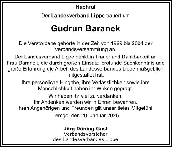 Anzeige  Gudrun Baranek  Lippische Landes-Zeitung