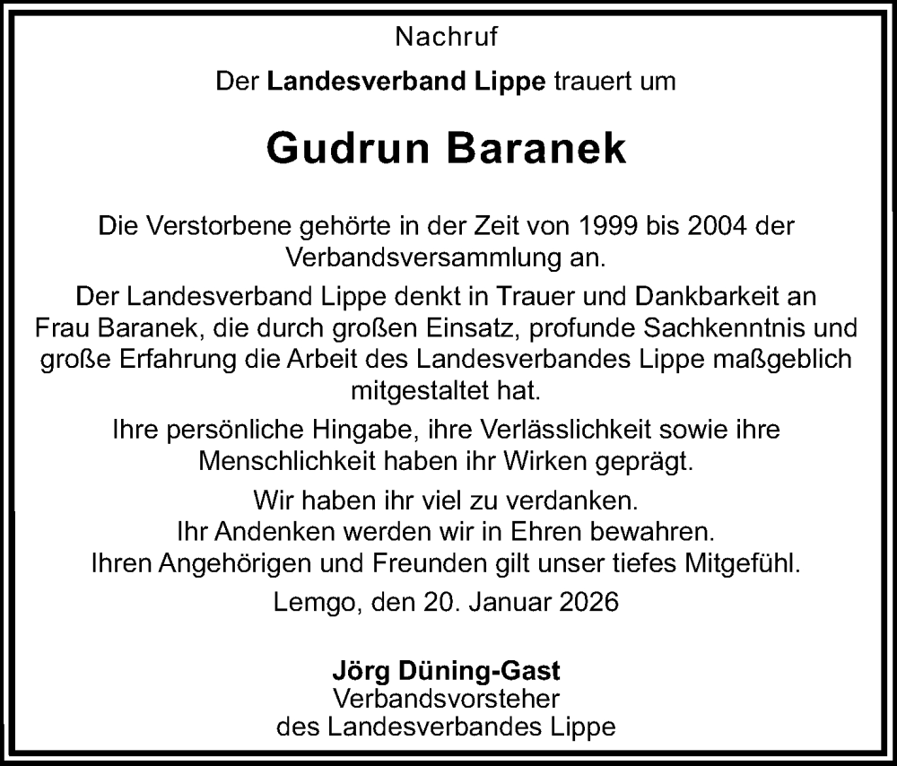  Traueranzeige für Gudrun Baranek vom 24.01.2026 aus Lippische Landes-Zeitung