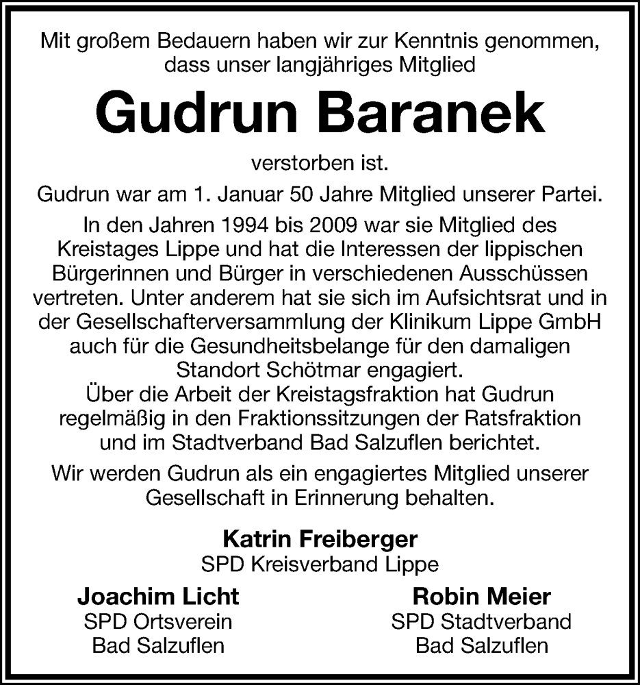  Traueranzeige für Gudrun Baranek vom 24.01.2026 aus Lippische Landes-Zeitung