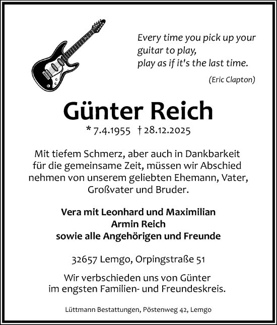 Anzeige  Günter Reich  Lippische Landes-Zeitung