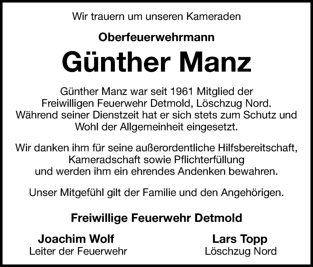  Traueranzeige für Günther Manz vom 10.01.2026 aus Lippische Landes-Zeitung
