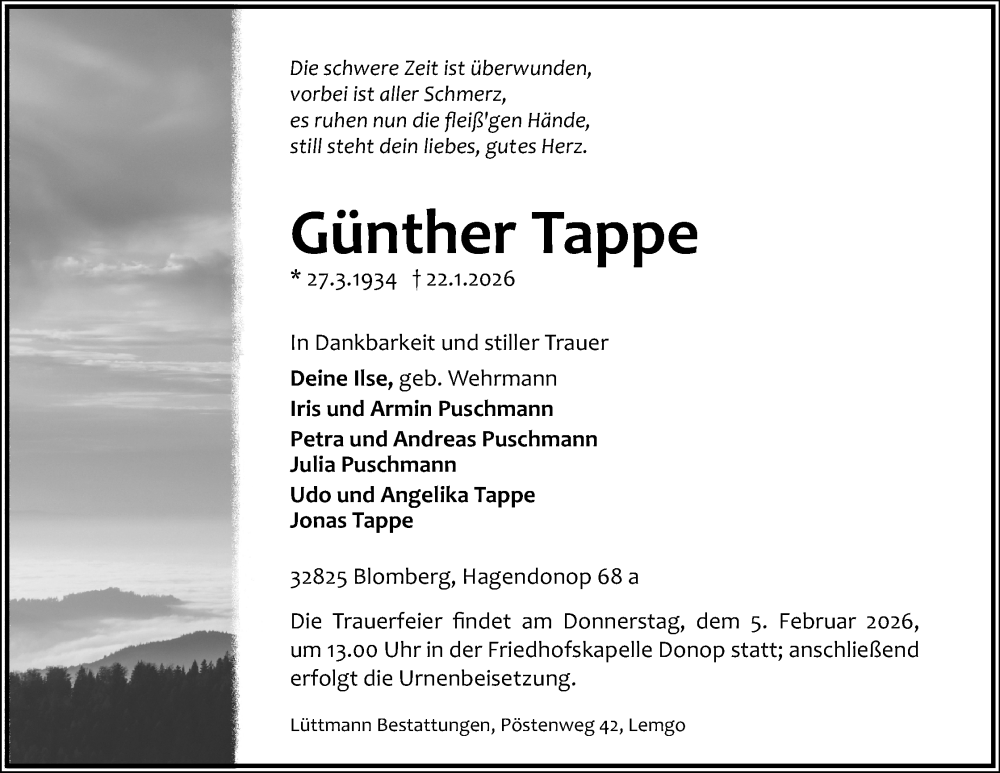  Traueranzeige für Günther Tappe vom 31.01.2026 aus Lippische Landes-Zeitung