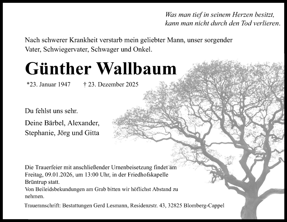  Traueranzeige für Günther Wallbaum vom 03.01.2026 aus Lippische Landes-Zeitung