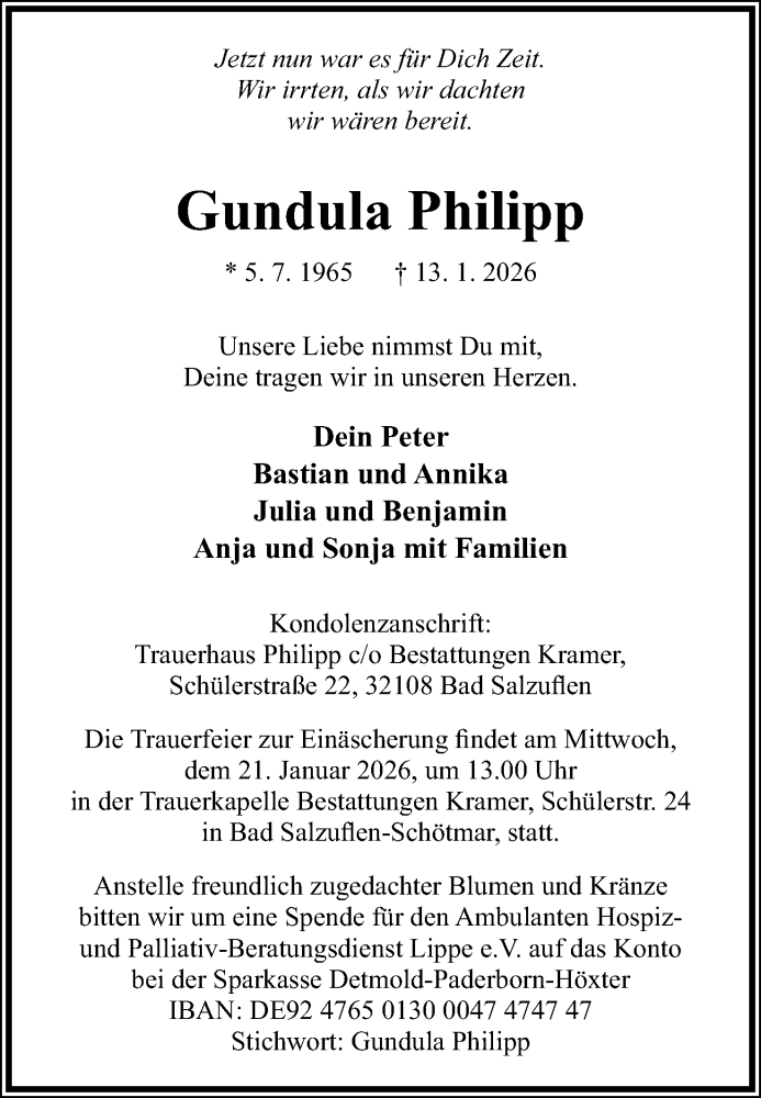  Traueranzeige für Gundula Philipp vom 17.01.2026 aus Lippische Landes-Zeitung