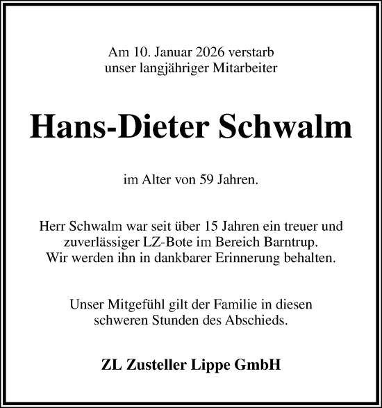 Anzeige  Hans-Dieter Schwalm  Lippische Landes-Zeitung