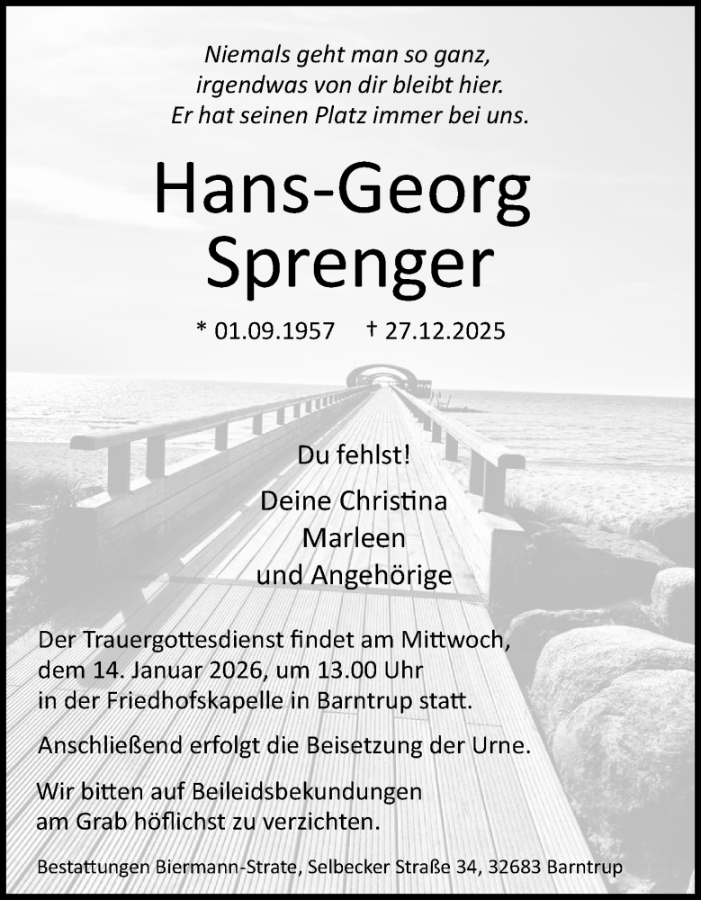  Traueranzeige für Hans-Georg Sprenger vom 03.01.2026 aus Lippische Landes-Zeitung