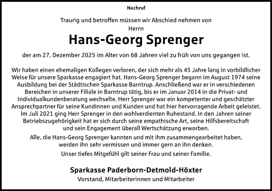 Anzeige  Hans-Georg Sprenger  Lippische Landes-Zeitung