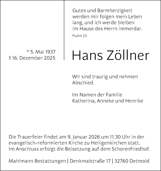 Anzeige  Hans Zöllner  Lippische Landes-Zeitung