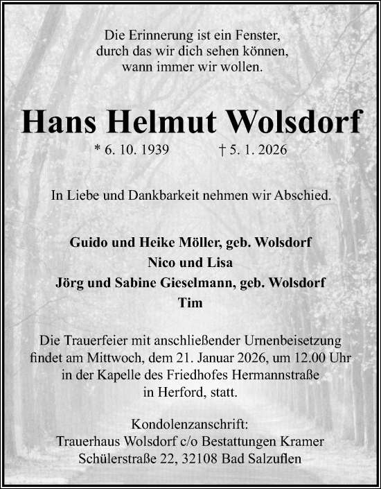 Anzeige  Hans Helmut Wolsdorf  Lippische Landes-Zeitung