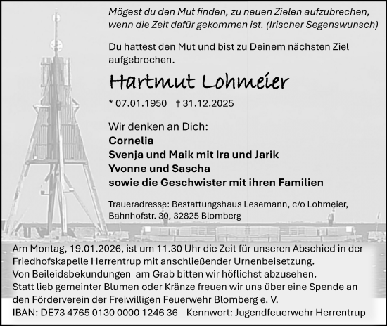 Anzeige  Hartmut Lohmeier  Lippische Landes-Zeitung