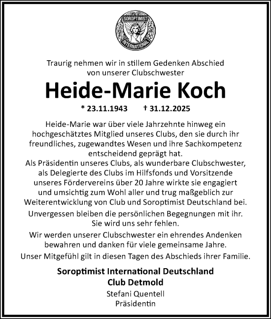 Anzeige  Heide-Marie Koch  Lippische Landes-Zeitung