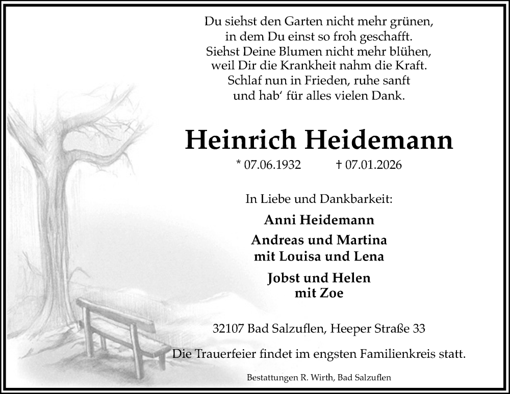  Traueranzeige für Heinrich Heidemann vom 10.01.2026 aus Lippische Landes-Zeitung