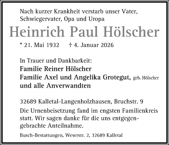Anzeige  Heinrich Paul Hölscher  Lippische Landes-Zeitung