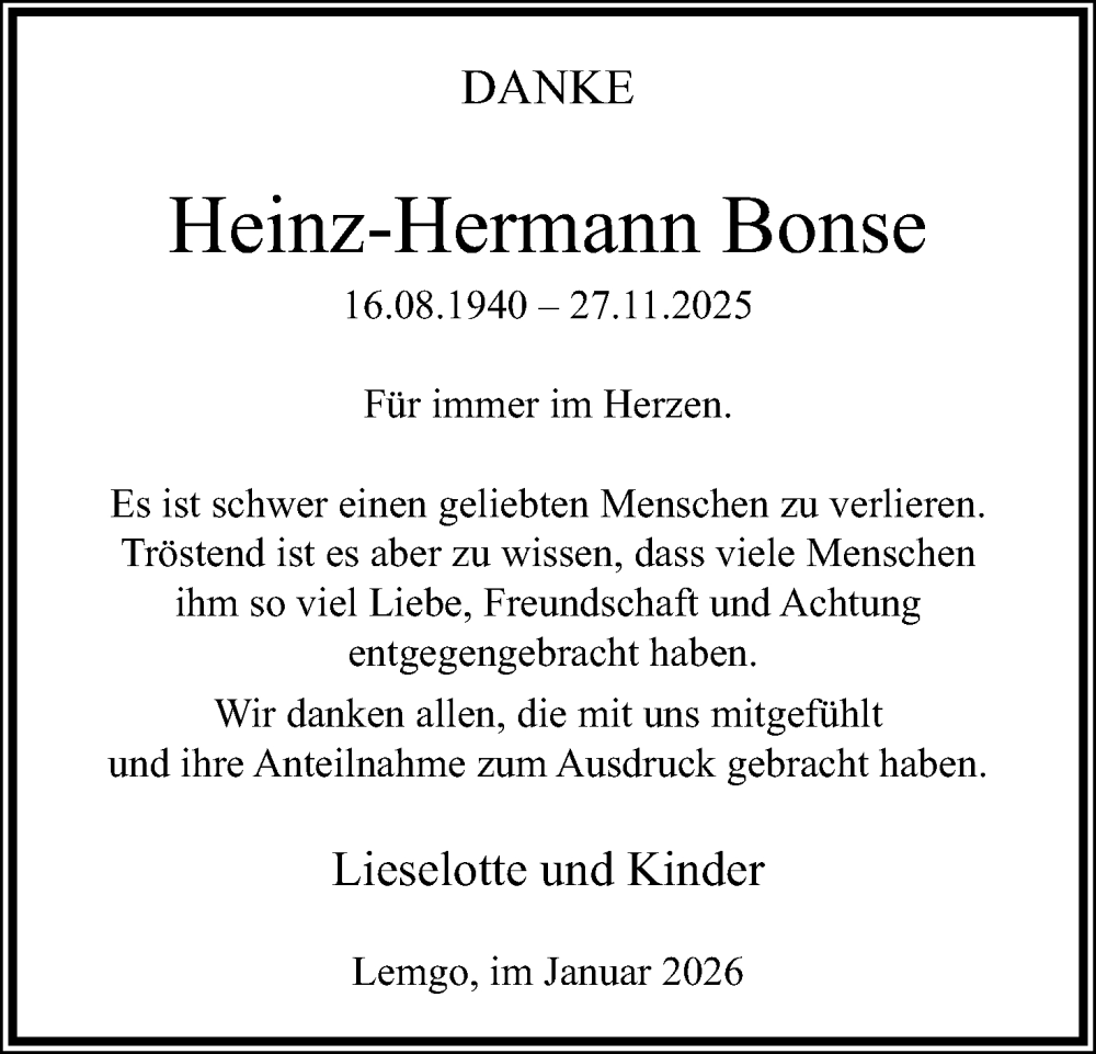  Traueranzeige für Heinz-Hermann Bonse vom 17.01.2026 aus Lippische Landes-Zeitung