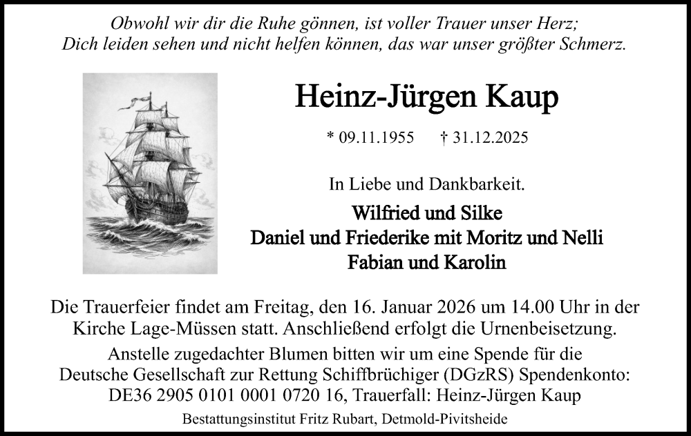  Traueranzeige für Heinz-Jürgen Kaup vom 10.01.2026 aus Lippische Landes-Zeitung