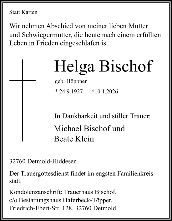 Anzeige  Helga Bischof  Lippische Landes-Zeitung