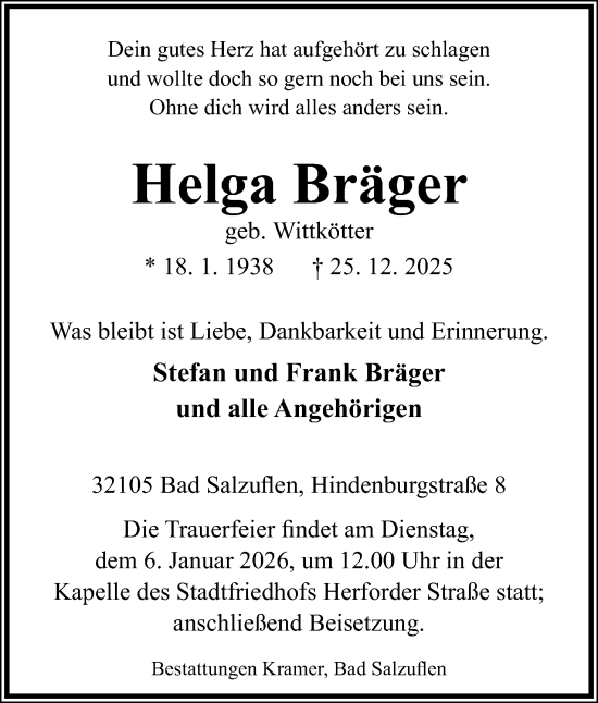 Anzeige  Helga Bräger  Lippische Landes-Zeitung