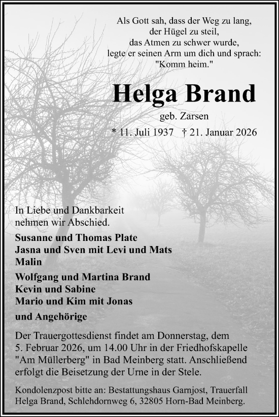 Anzeige  Helga Brand  Lippische Landes-Zeitung