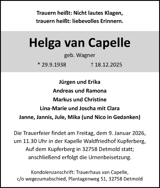 Anzeige  Helga van Capelle  Lippische Landes-Zeitung