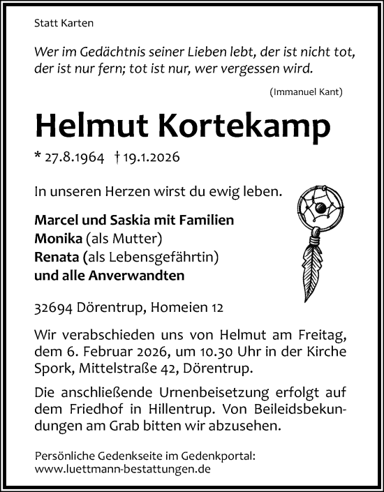 Anzeige  Helmut Kortekamp  Lippische Landes-Zeitung